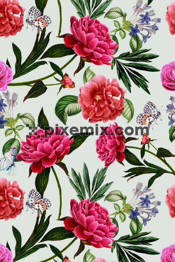 Watercolor florals and butterfly product graphic with seamless repeat pattern