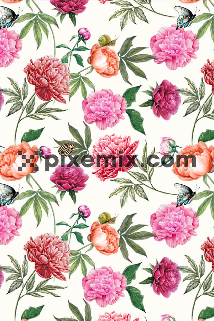 Digital florals and butterfly premium product graphic with seamless repeat pattern
