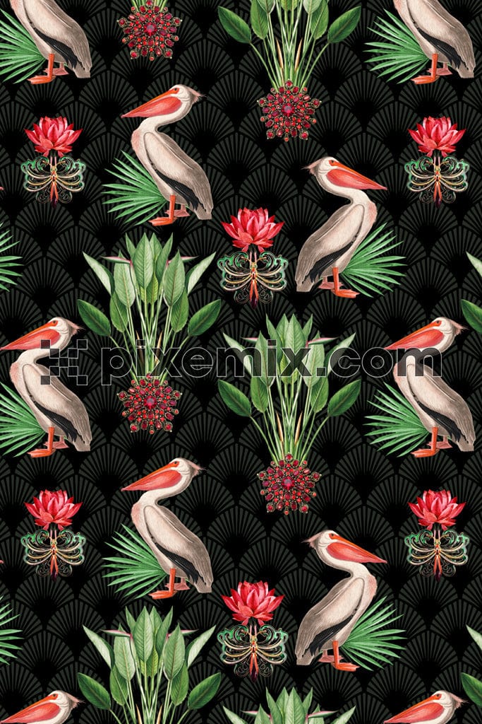 Tropical pelican birds and leaves product graphic with seamless repeat pattern