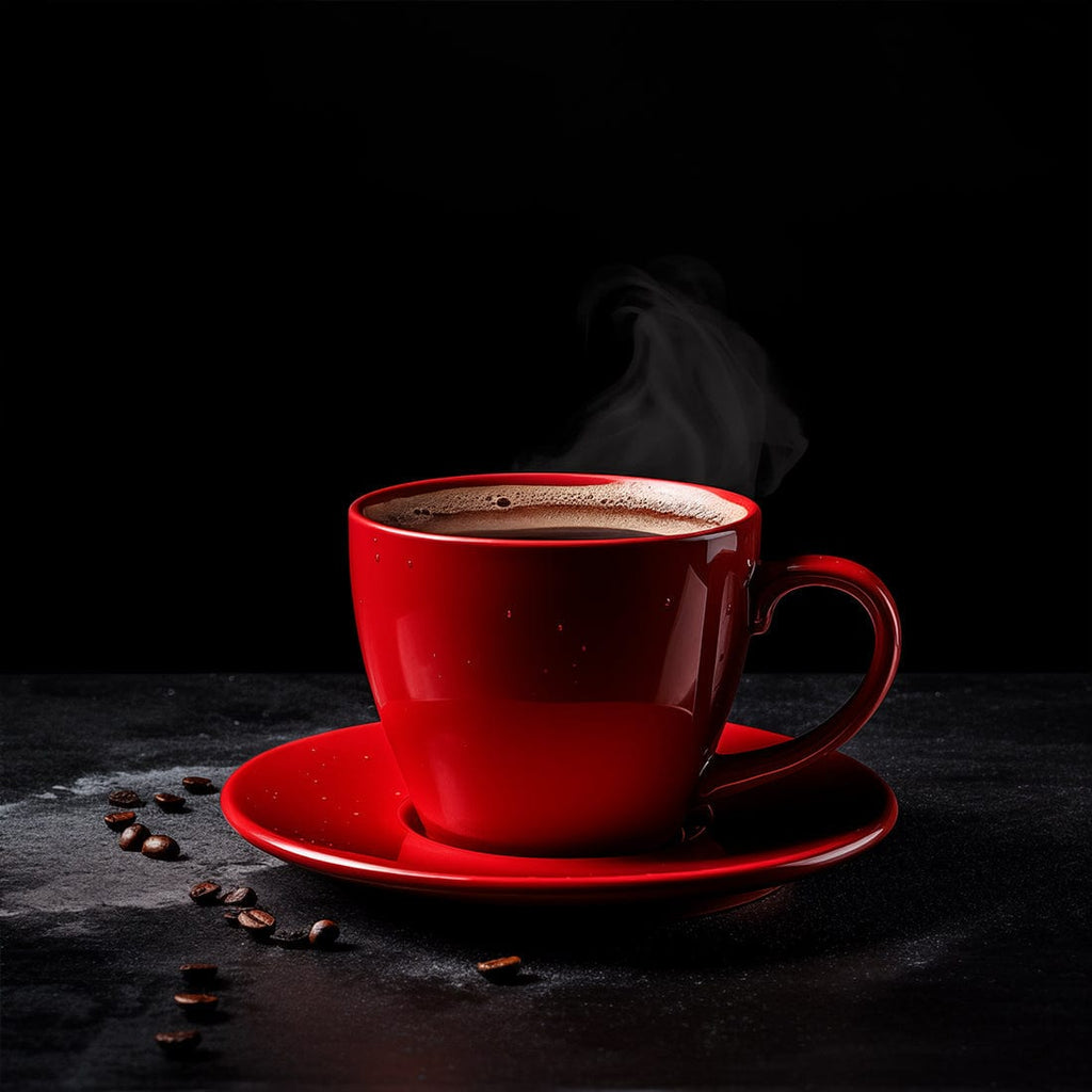 A red coffee mug with Dark background.