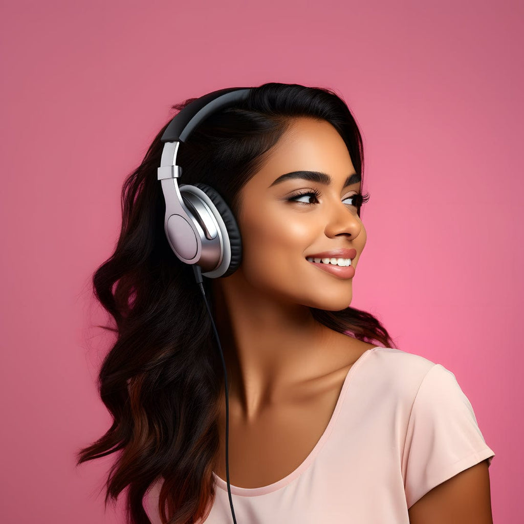 Woman with headphones on pink background image.